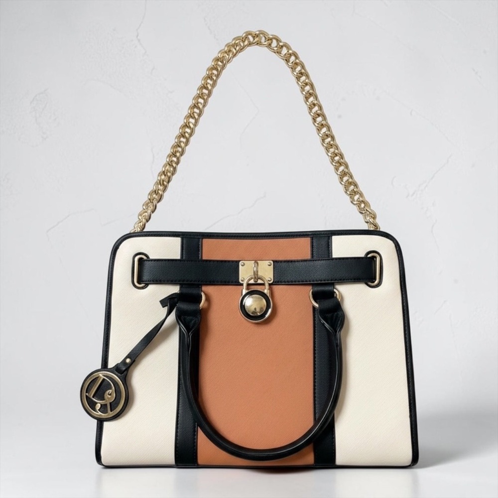 London Fog Women Colorblock Satchel Handbag Gold Chain Strap Lock Detail Cream